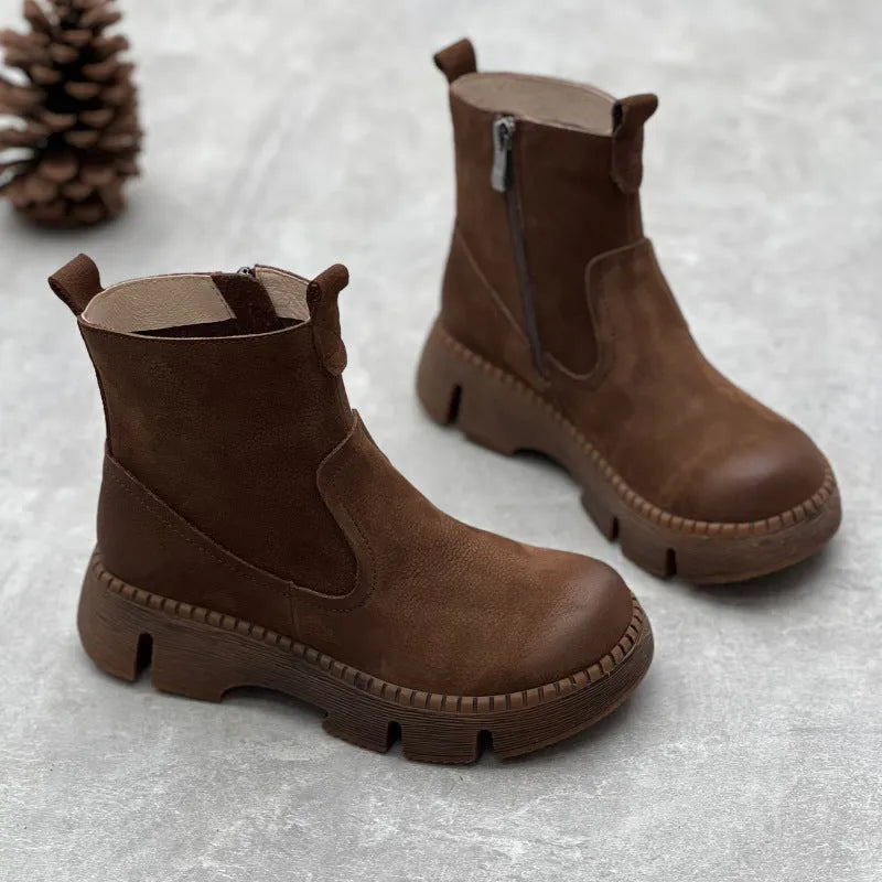 Round toe women's leather boots in black, first layer cowhide upper, side zipper, mid heel, middle calf shaft