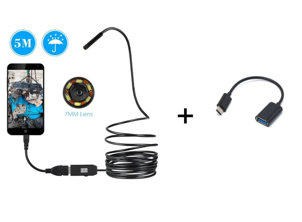 OWSOO USB endoscope camera with flexible cable, magnet, hook, and side mirror next to a smartphone.
