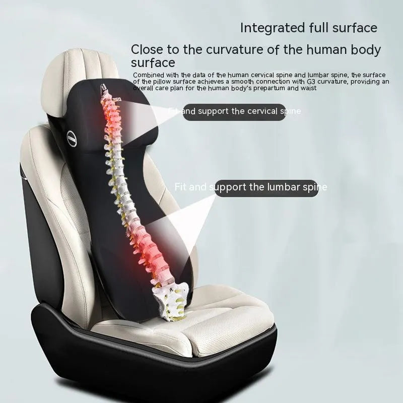 Integrated memory foam car headrest and lumbar support cushion in black, brown, red, green, blue, or grey colours
