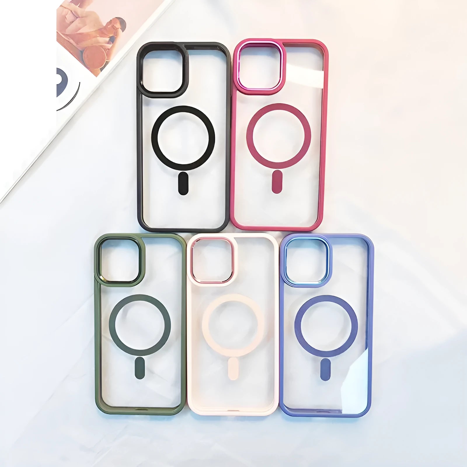 Transparent magnetic silicone phone case for iPhone models showing colour options