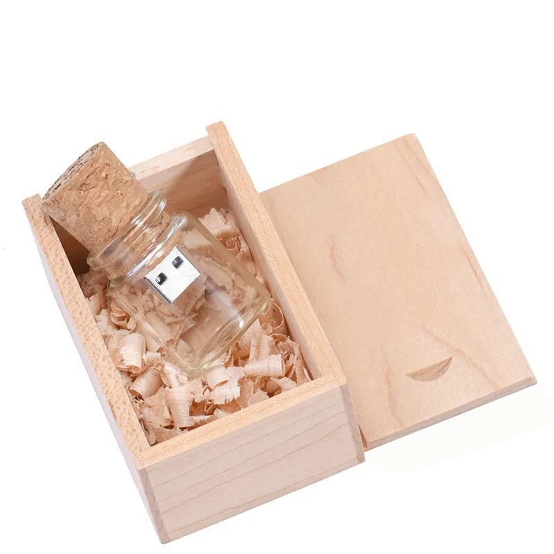Personalised wooden drift bottle USB flash drive in chocolate brown with custom graphics