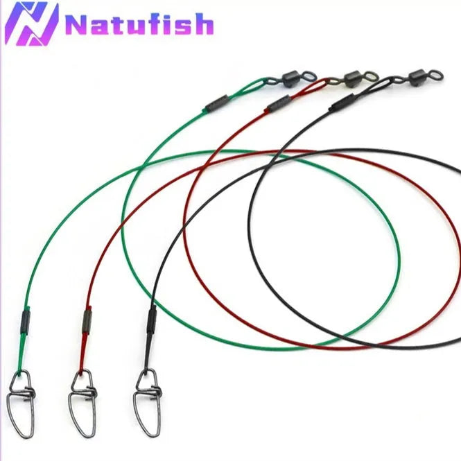 Steel wire fishing double buckle pin accessories in green, black, and red colours