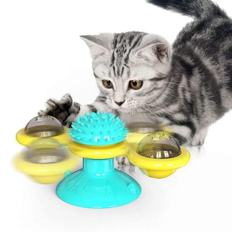 Cat rotating windmill toy with suction base and two transparent bins on blades