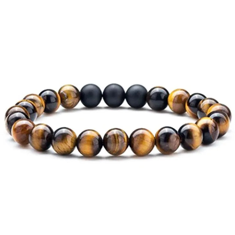 Geometric matte black agate couple bracelets with tiger eye beads, shown as a matching set.