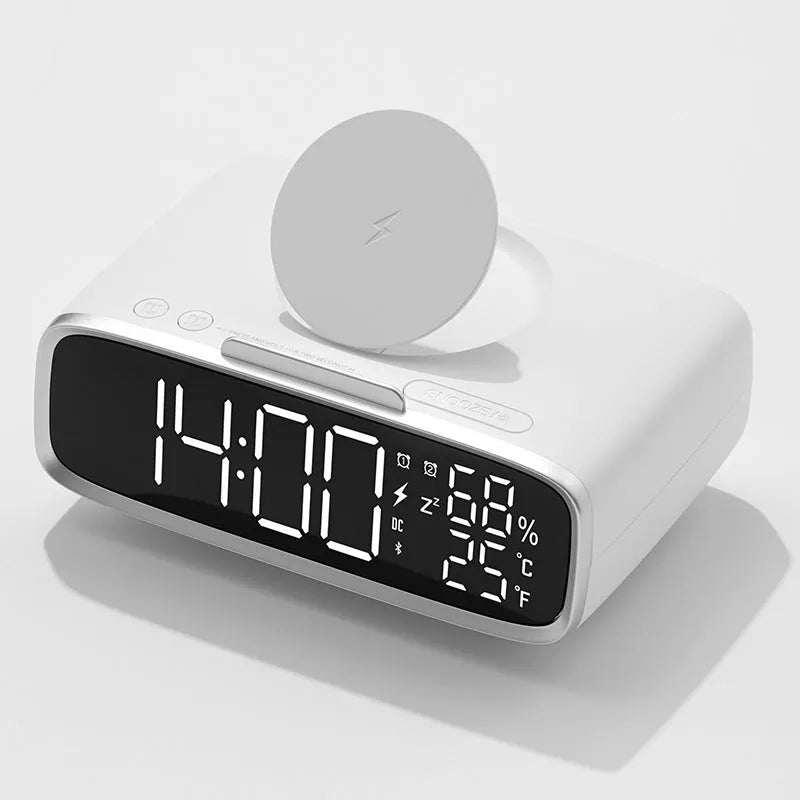 White ABS acrylic Bluetooth speaker wireless charging night lamp on a surface.