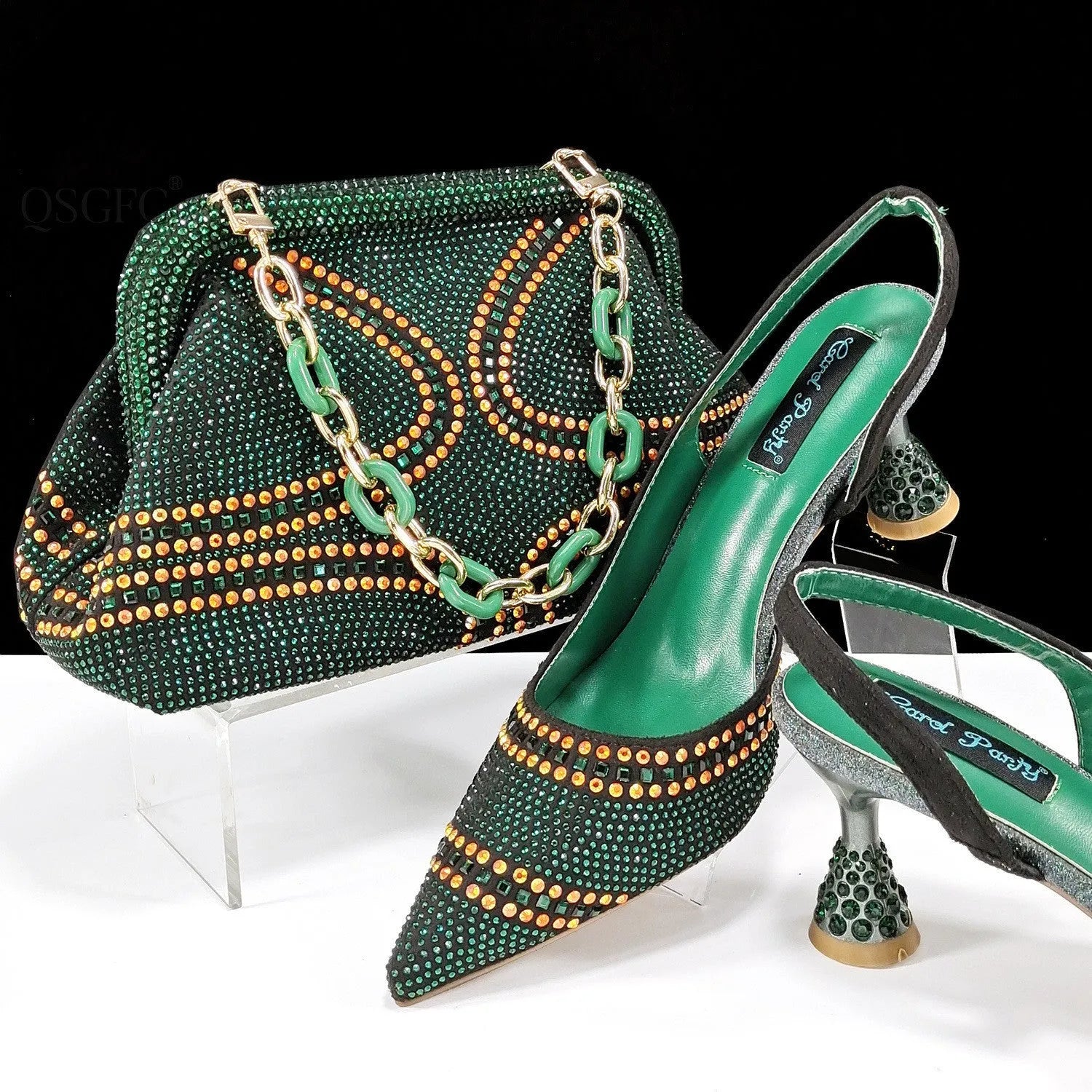 Women's pointed toe high heels with rhinestone details and matching small bag in synthetic leather
