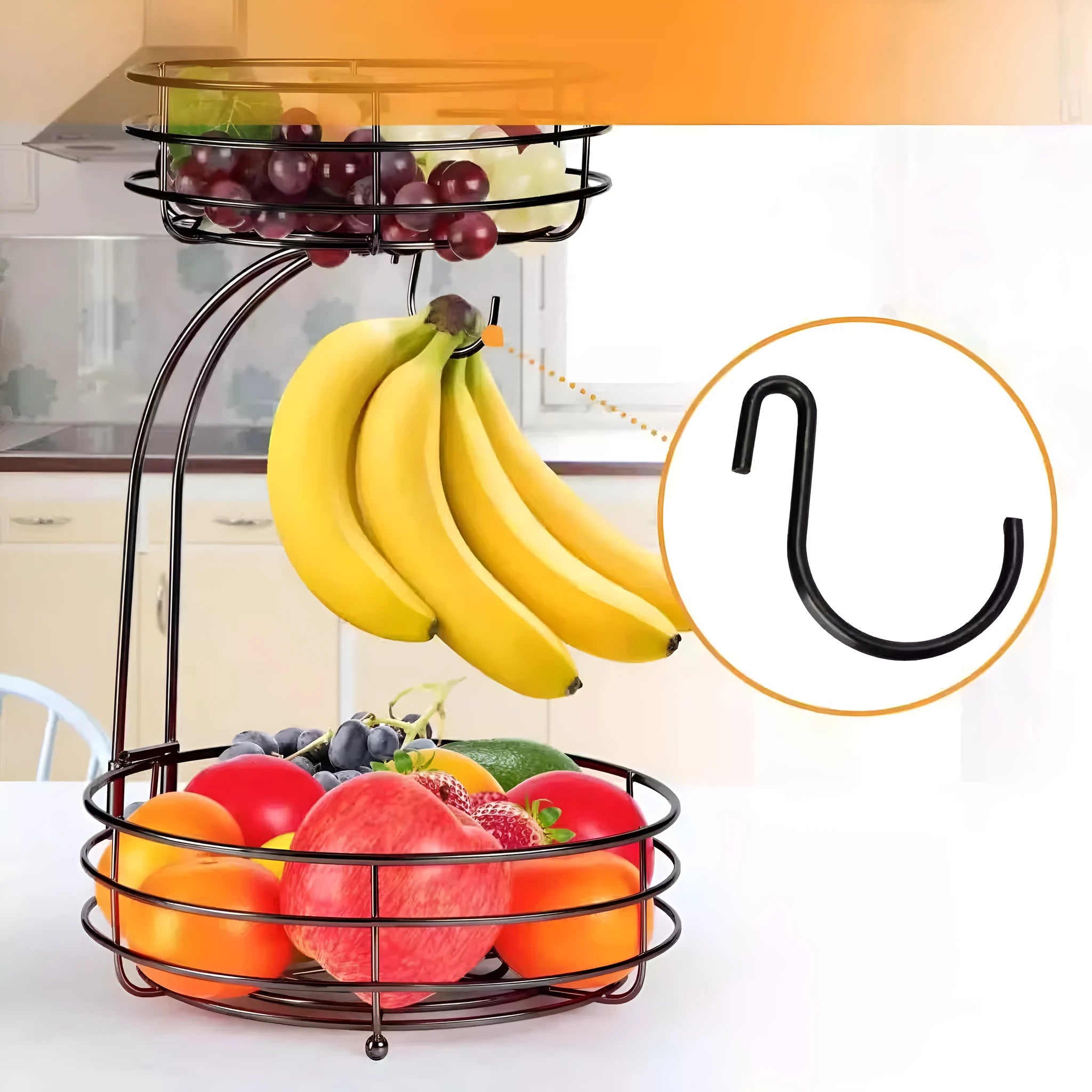 Double-layer black and gold wrought iron fruit basket with two storage tiers