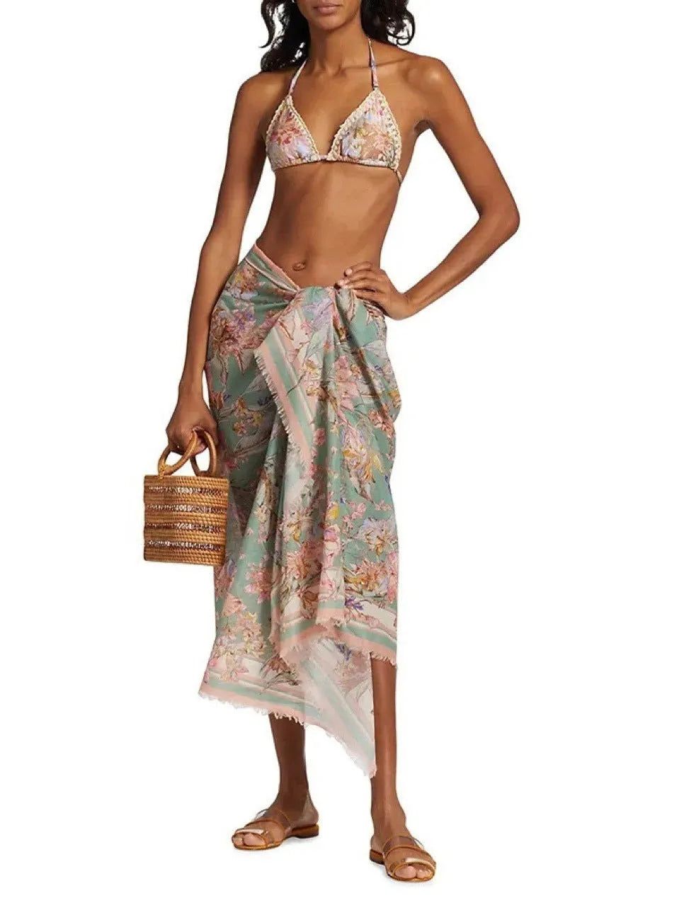 Women's creamy white floral print bikini set with detachable skirt for swimming