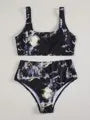 Women's high waist bikini swimsuit set with marble tie-dye print and U-neck design.