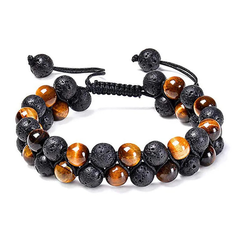 Geometric matte black agate couple bracelets with tiger eye beads, shown as a matching set.