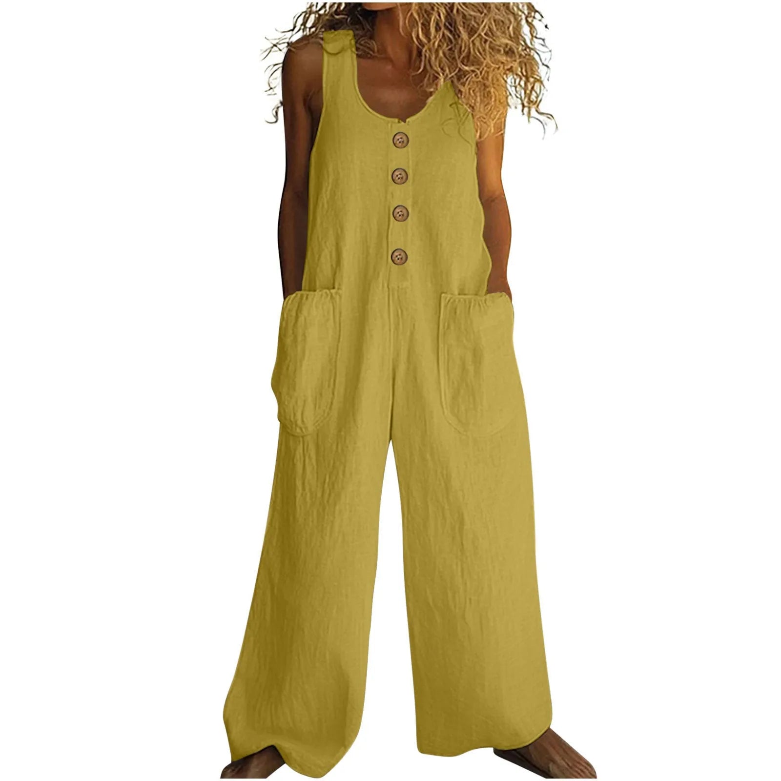 Sleeveless wide-leg cotton jumpsuit in art retro style shown in a selected colour