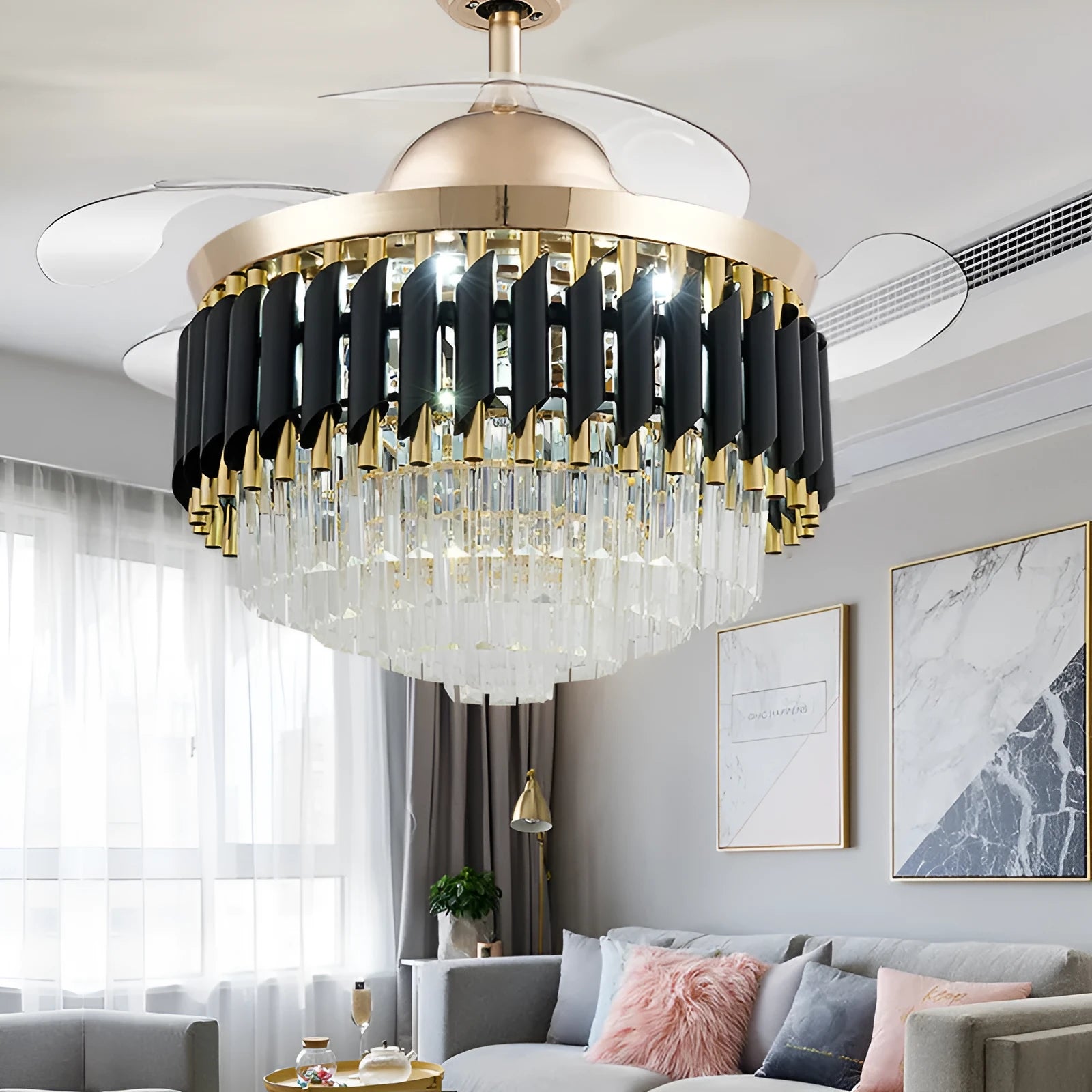 Crystal chandelier ceiling fan light with remote control in 42 or 48 inch size