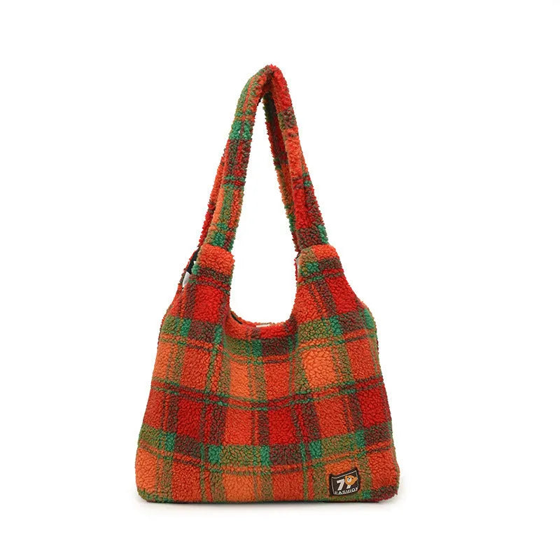 Women's soft plush plaid crossbody tote bag in army green, showing horizontal square shape and shoulder strap