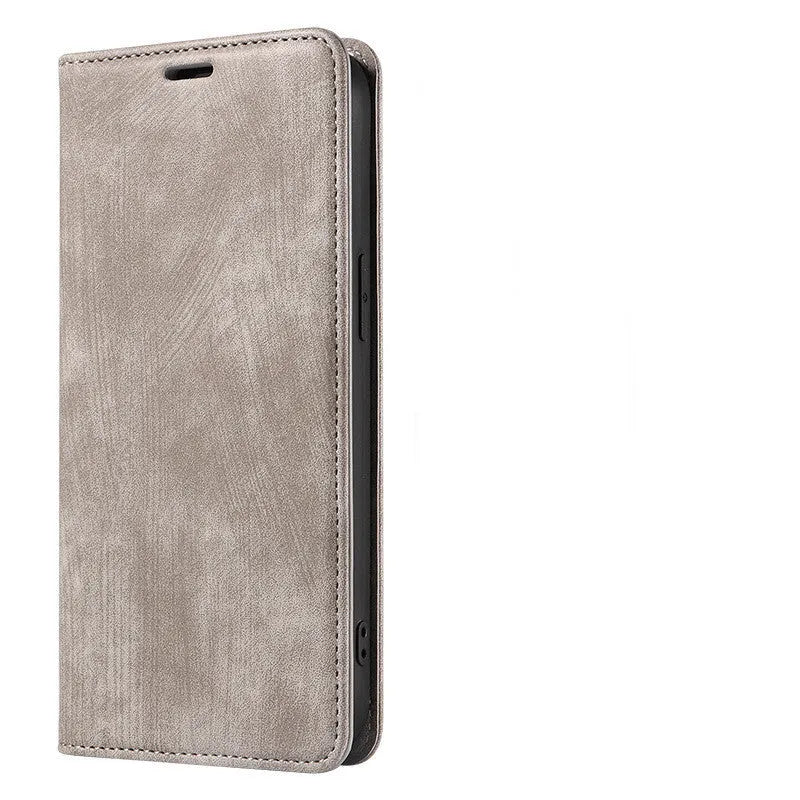 Magnetic flip phone case in solid grey leather and TPU material compatible with various iPhone models