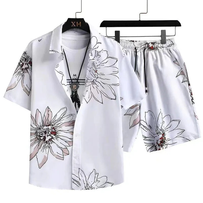 Man wearing a digitally printed short sleeve shirt and matching shorts from a casual suit set