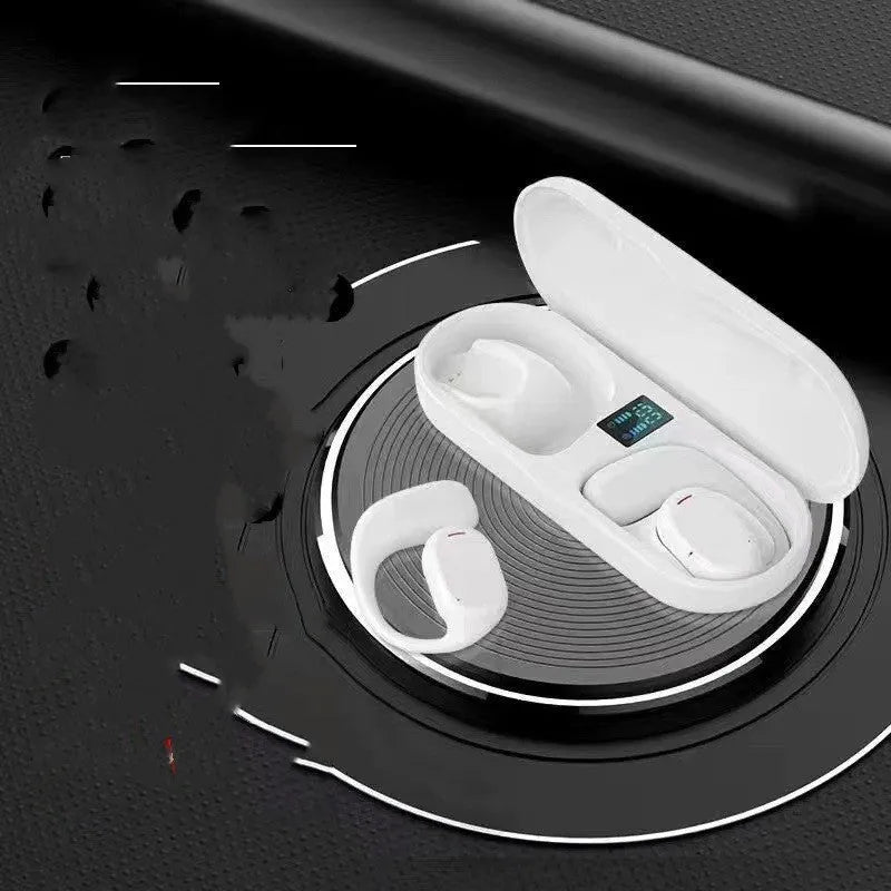 Wireless sports headphones with digital display and charging case in black