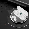 Wireless sports headphones with digital display and charging case in black