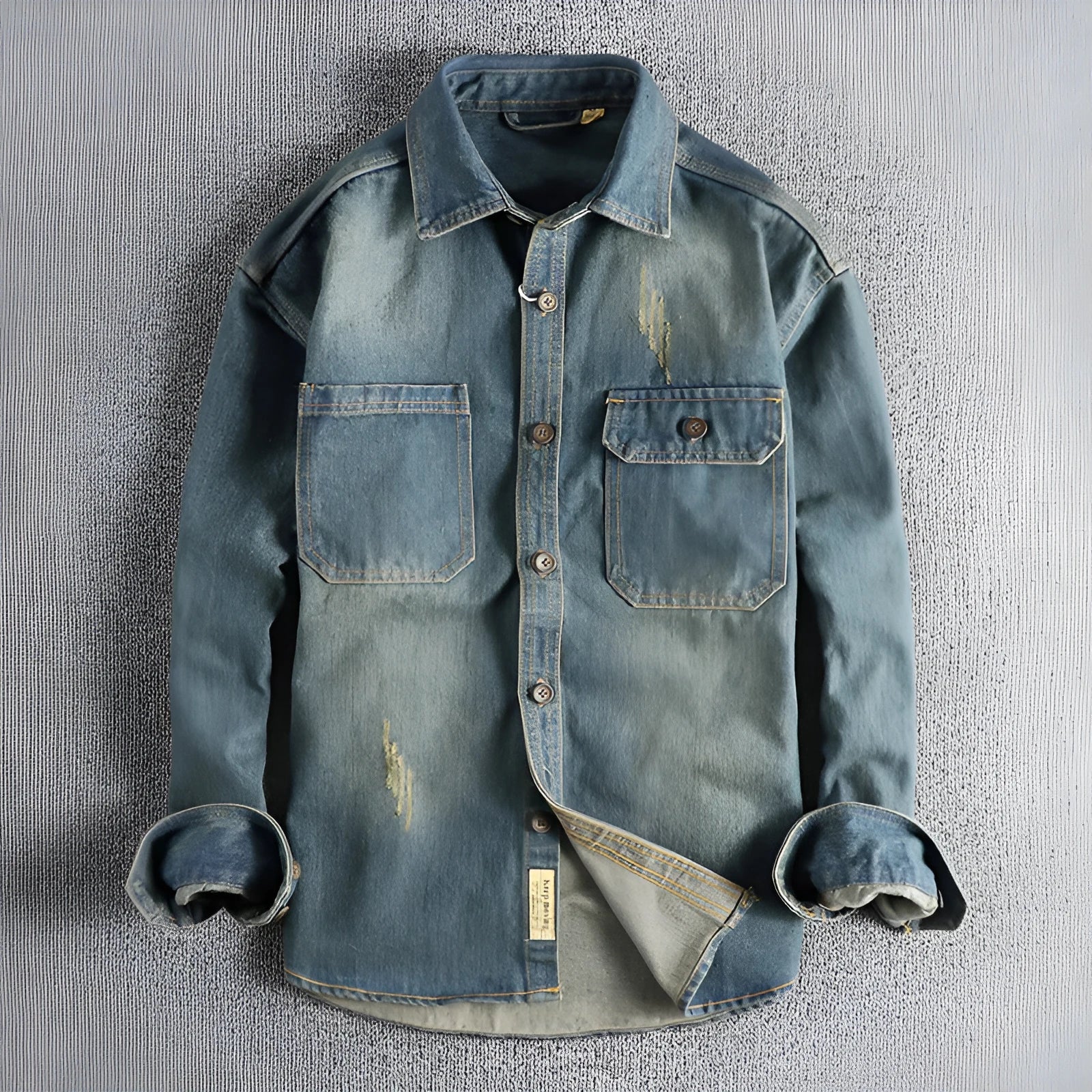 Men's light blue washed vintage denim shirt with long sleeves and loose fit