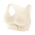 Women's front buckle yoga bra in black, showing back shaping design and adjustable straps.