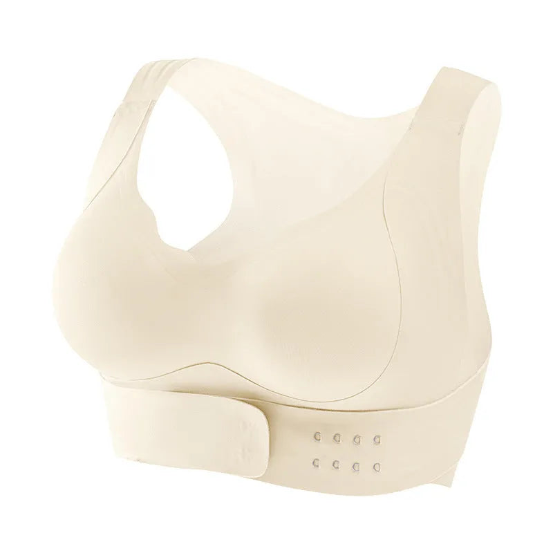 Women's front buckle yoga bra in black, showing back shaping design and adjustable straps.
