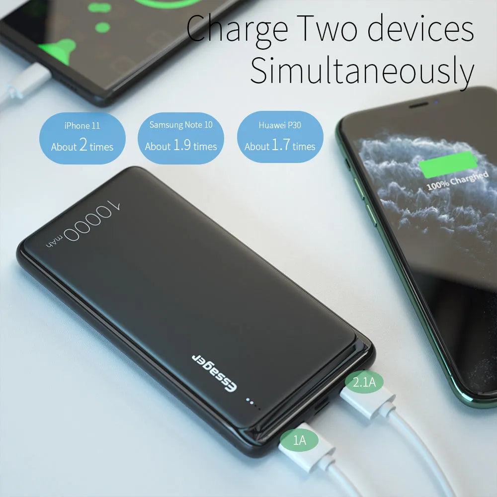 Essager Small Jane black 10000mAh power bank showing dual USB ports and LED indicators