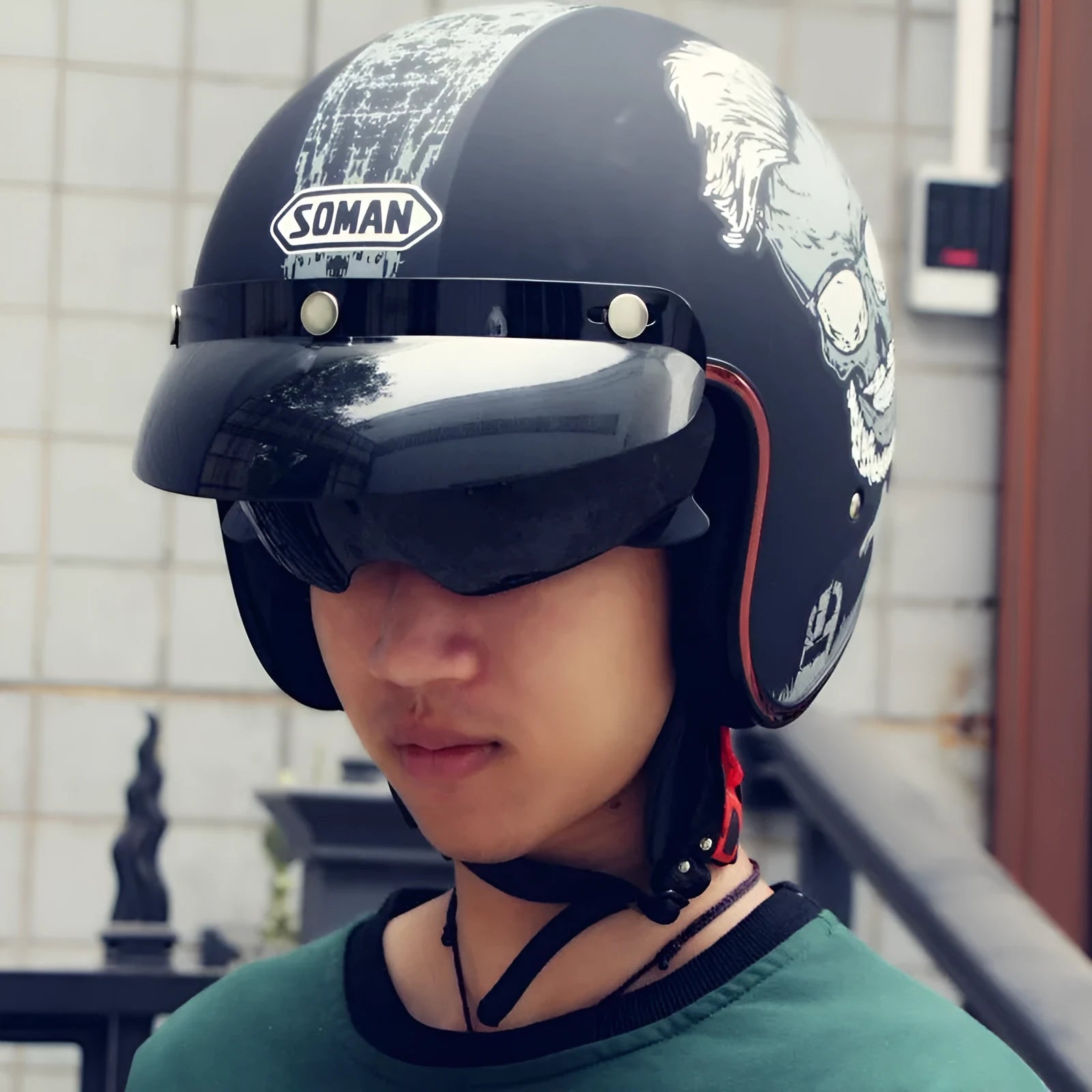 Retro style half helmet for motorcycle riding shown in multiple colour options on a grey background
