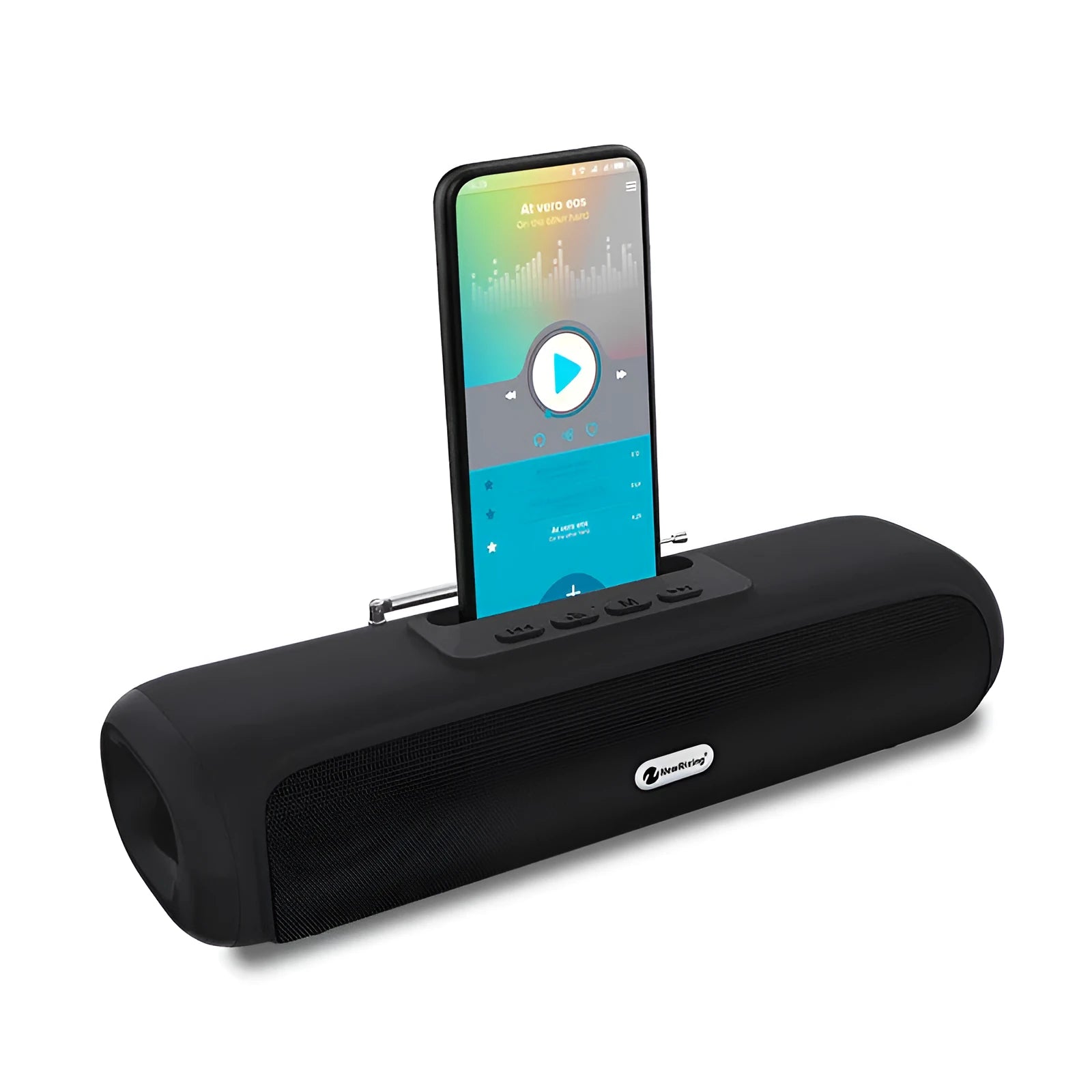 Long strip wireless desktop subwoofer speaker in black, showing Bluetooth and FM radio functions.