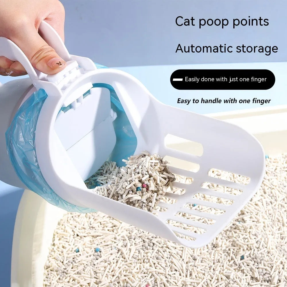 Grey foldable cat litter scoop with integrated waste collection bin and refill bags.