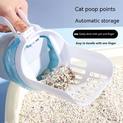 Grey foldable cat litter scoop with integrated waste collection bin and refill bags.