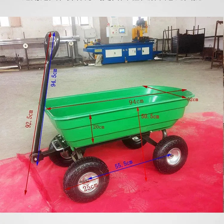 Green four-wheel plastic dumptruck for garden and agricultural use, model TC2145.