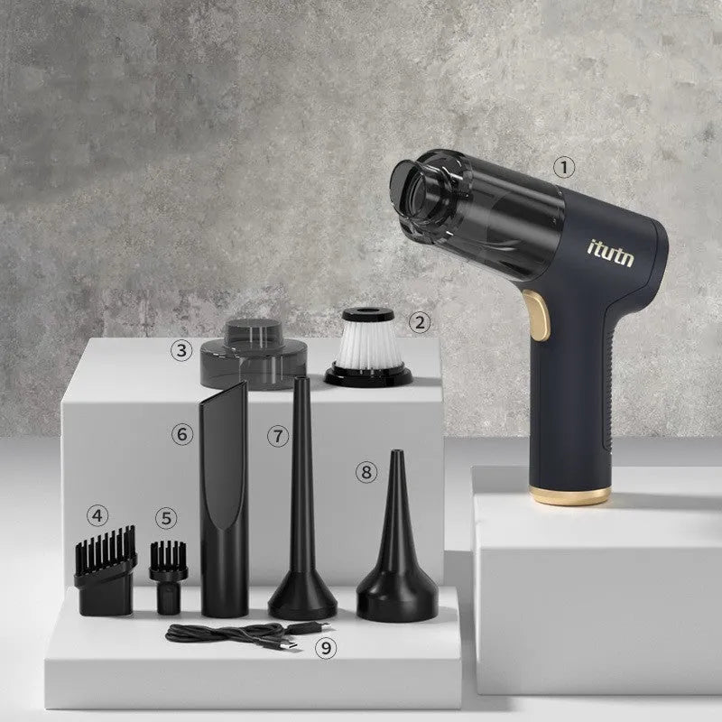 Black wireless car vacuum cleaner with multiple attachments including brushes and nozzles