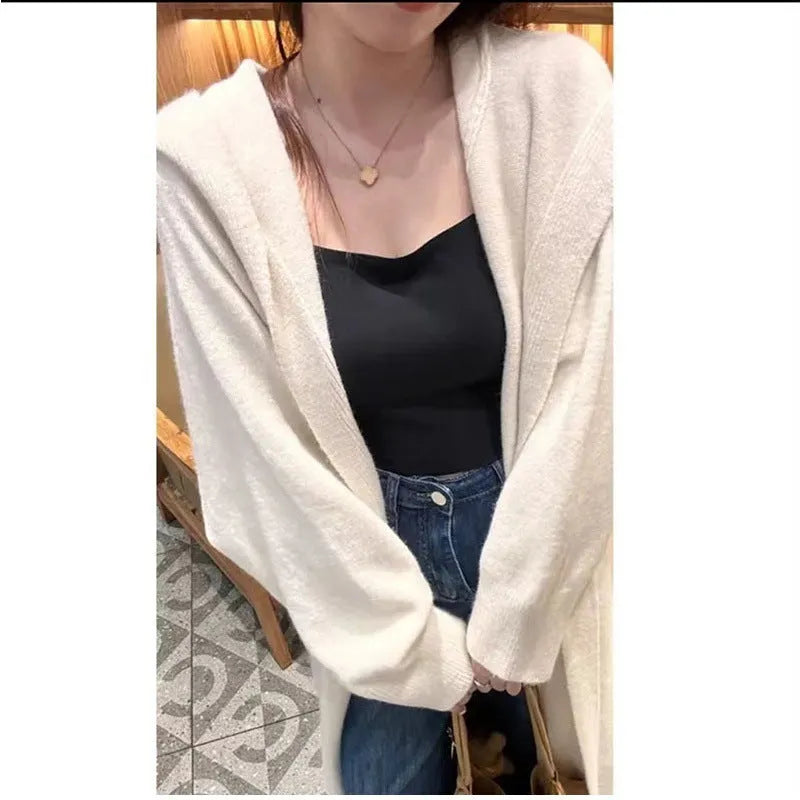Korean style long below-knee hooded cardigan for women in a loose fit, shown in beige.
