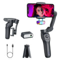 Gun colour foldable handheld camera stabiliser showing USB charging port.