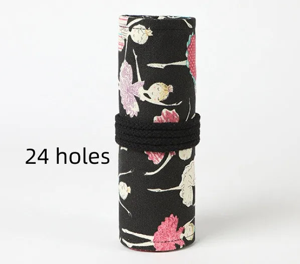 Square canvas pencil case with ballet girl print, shown open to display rolling storage for multiple pencils.