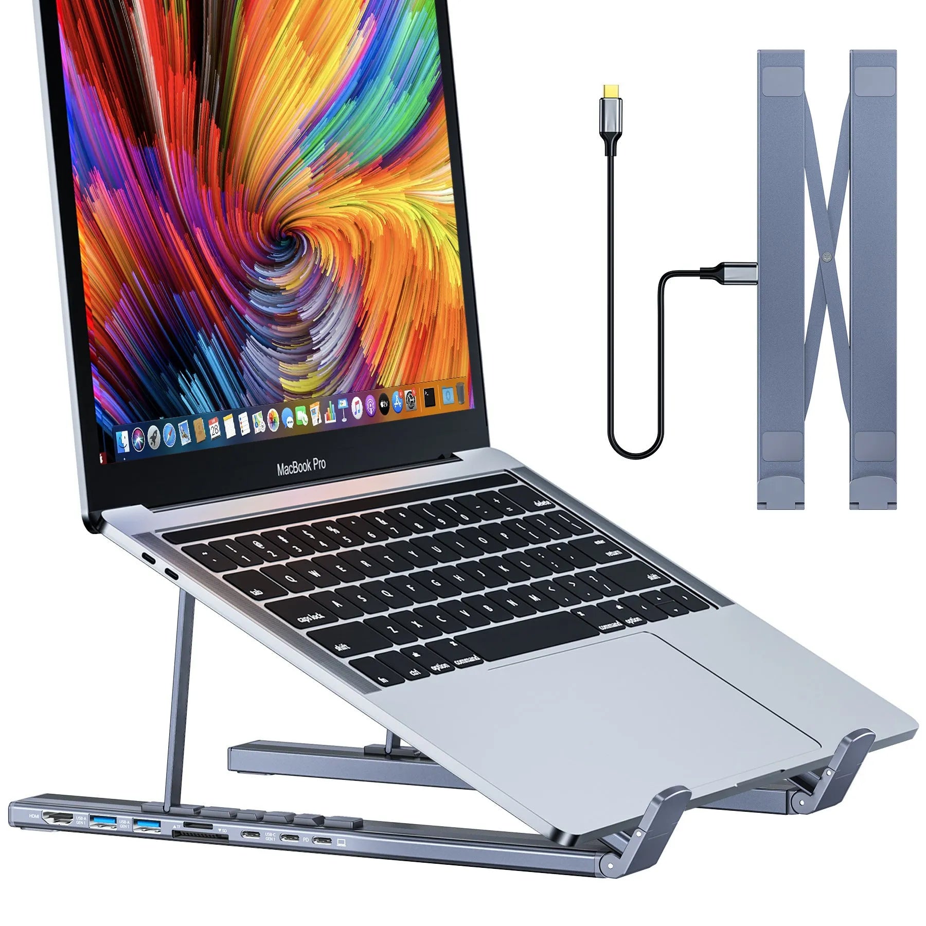 Aluminium alloy laptop docking station with foldable stand and multi-interface hub