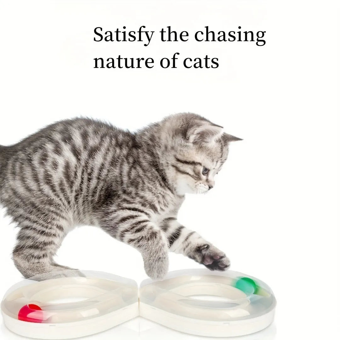 Blue and white cat turntable track toy with ball measuring 50cm long