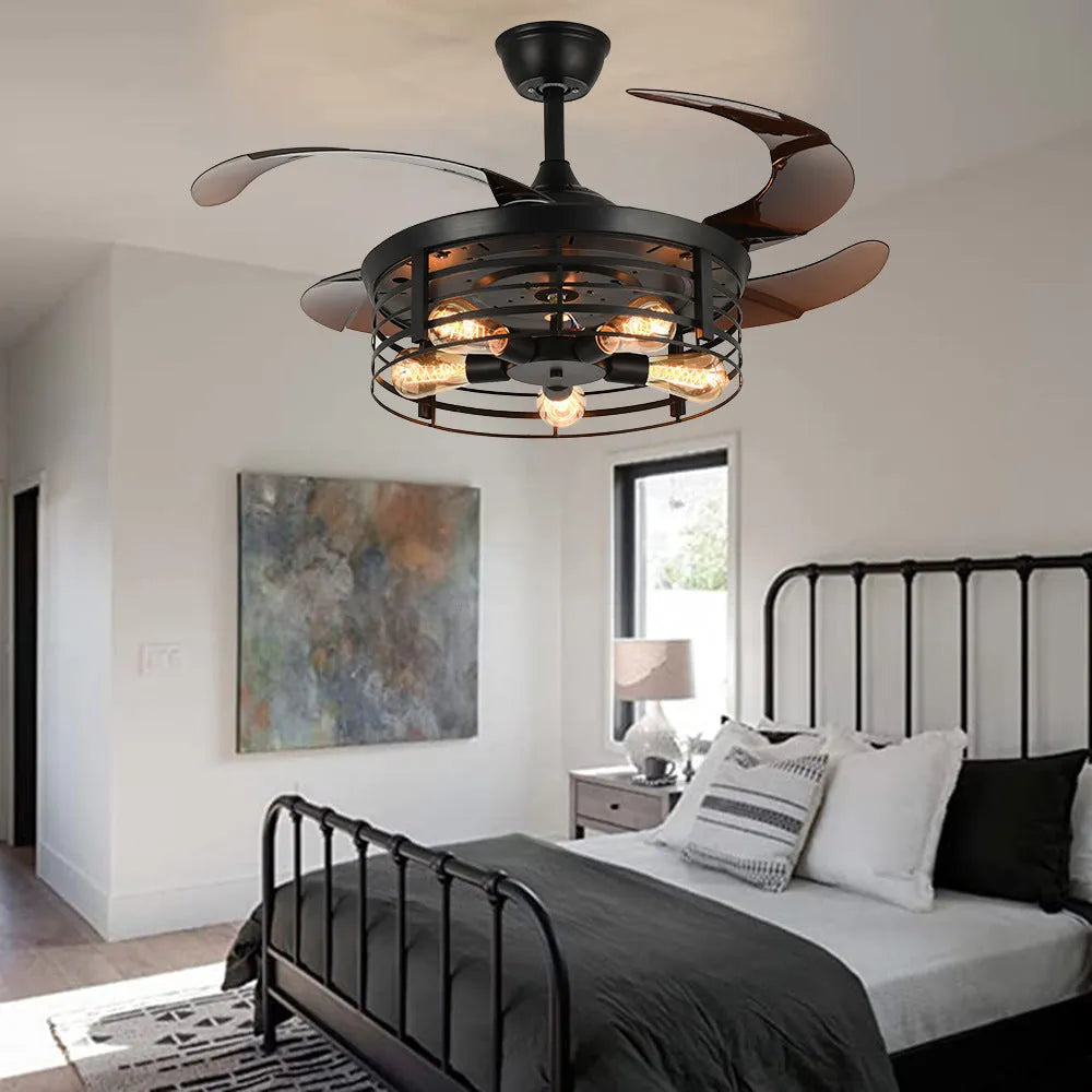 Industrial American retro style 42-inch ceiling fan with integrated light and remote control.
