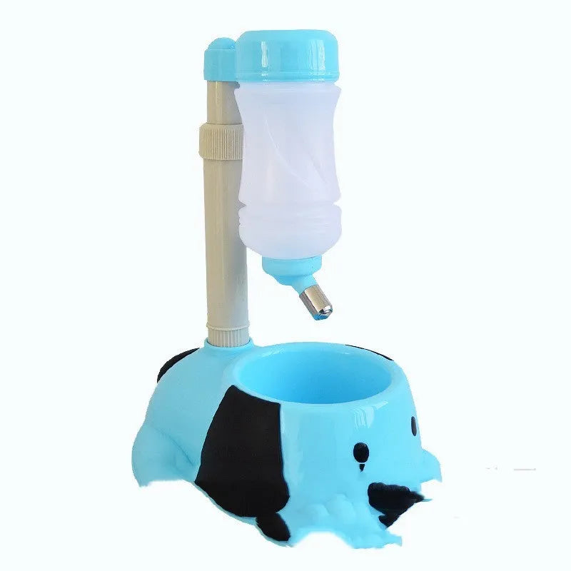 Adjustable rod-lift pet drinking bowl in blue, shown at an elevated height.