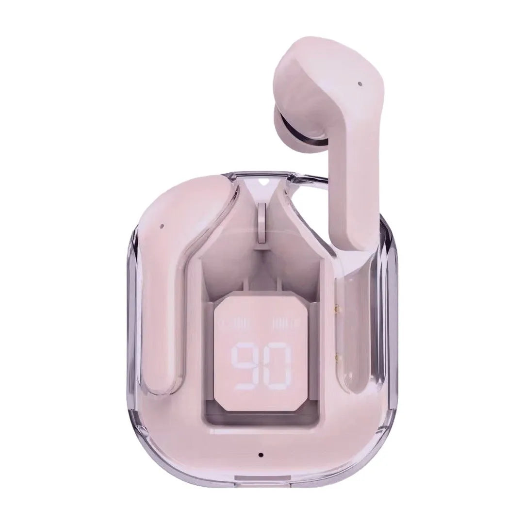 Jerry chip true wireless Bluetooth headphones in a transparent space capsule case, colour options shown