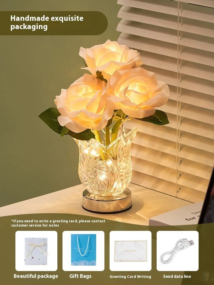 Crystal flowers decorative table lamp with USB charging port and touch-sensitive base for dimming.