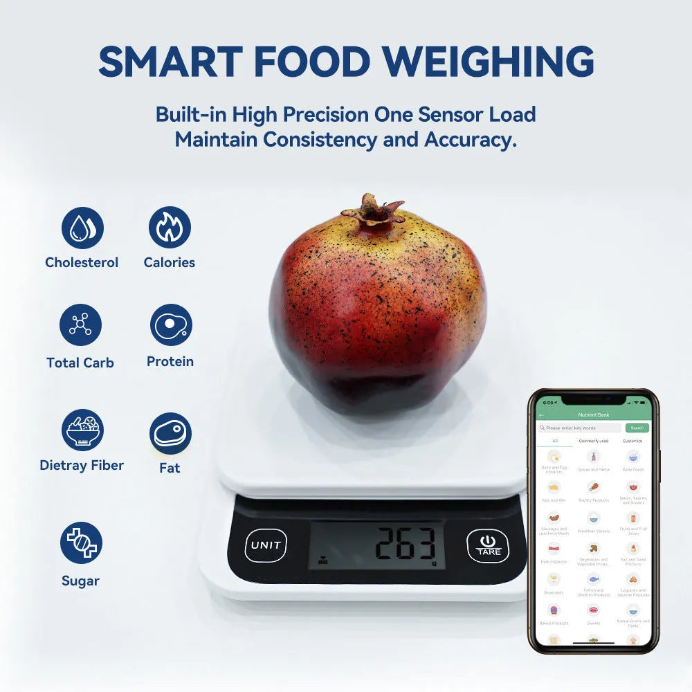 Black Bluetooth smart kitchen scale with nutrition calculator app on phone screen, 153x135x27mm