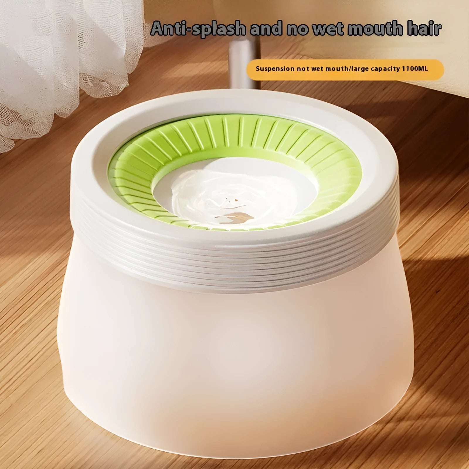 Suspended pet water bowl with non-wet mouth design in green colour showing bowl and base plate