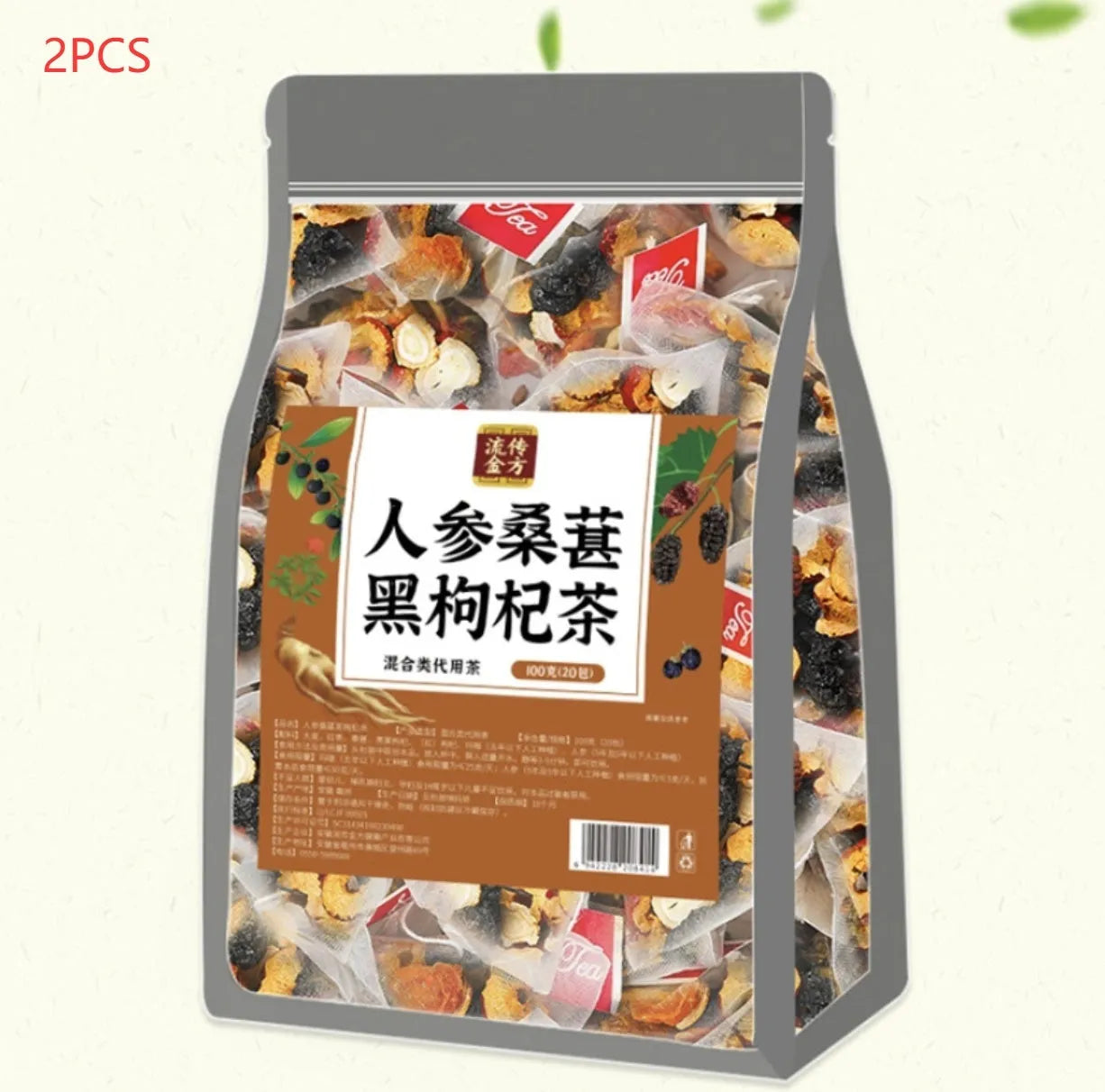 Bag of Ginseng Black Wolfberry Tea containing 40 individual 5g tea sachets, total 200g.