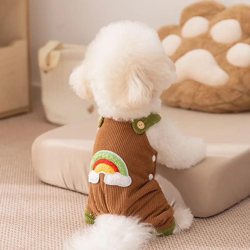 Small dog wearing rainbow corduroy jumpsuit in Beige with flannel lining, autumn winter pet overalls