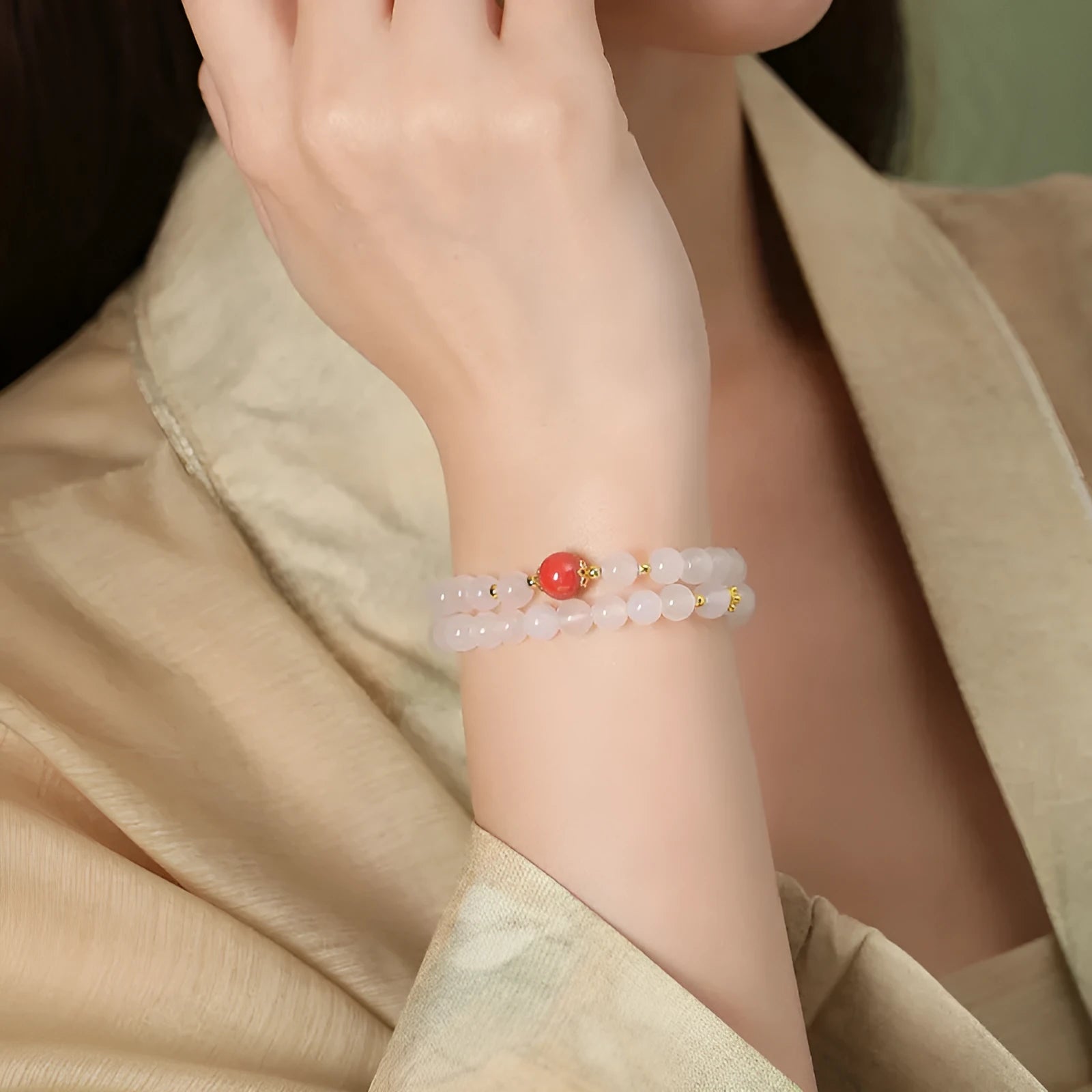 Women's double-layer white agate polished bracelet with 6mm geometric beads in national style