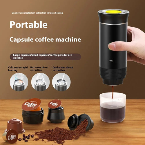 3-in-1 portable espresso maker in white with USB charging cable and ground coffee capsule compartments