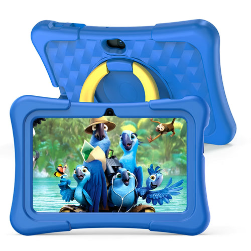 Blue children's educational tablet with silicone cover and a white rotating handle, showing a 7-inch screen.