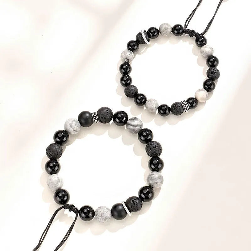 Black agate map stone volcanic bracelet with diamond-shaped stones and electroplated metal components
