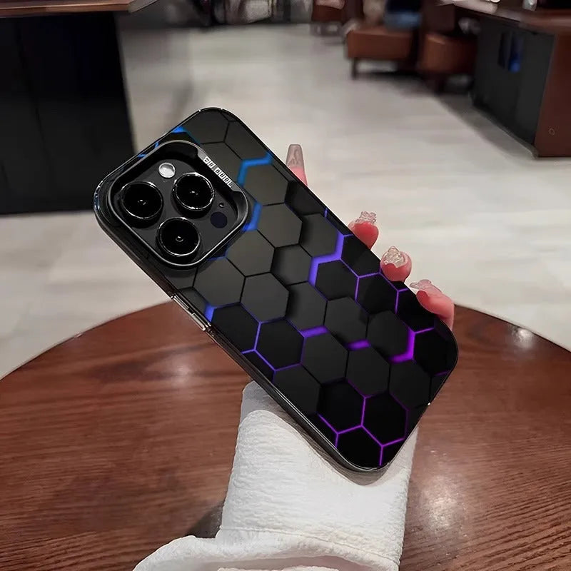Frosted iPhone case with a contrasting honeycomb square design on the back in Moonlight Black.