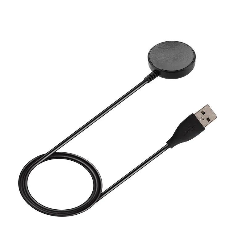 Black plastic USB watch charger measuring 34mm by 10mm with integrated charging cable